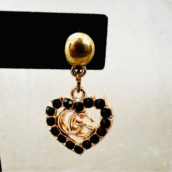 Upcycled Gucci Gold & Black Heart Charms added to Post Backing to make Earrings - Picture 2 of 5